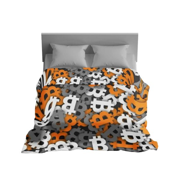Dynamic Bitcoin Symbol Pattern Comforter - Orange, Gray & White Crypto Bedding