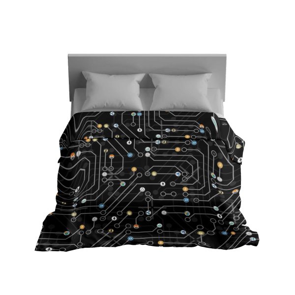 Circuit Board & Tech Icons Comforter - Cozy & Fluffy Digital Design Bedding
