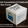 White leather cube-shaped tissue box cover styled as a Chainlink cube, resting on a dark wood surface with the text “Chainlink Consolation & Celebration Tissue Box Cover.