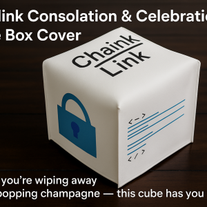 White leather cube-shaped tissue box cover styled as a Chainlink cube, resting on a dark wood surface with the text “Chainlink Consolation & Celebration Tissue Box Cover.