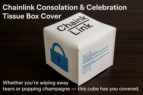 White leather cube-shaped tissue box cover styled as a Chainlink cube, resting on a dark wood surface with the text “Chainlink Consolation & Celebration Tissue Box Cover.