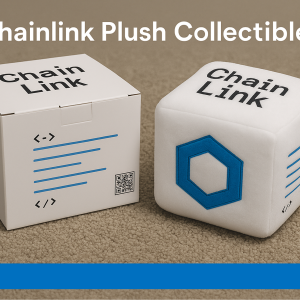 Chainlink plush cube with matching box on display, showing embroidered logo and premium materials