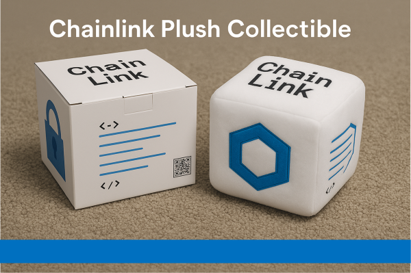 Chainlink plush cube with matching box on display, showing embroidered logo and premium materials