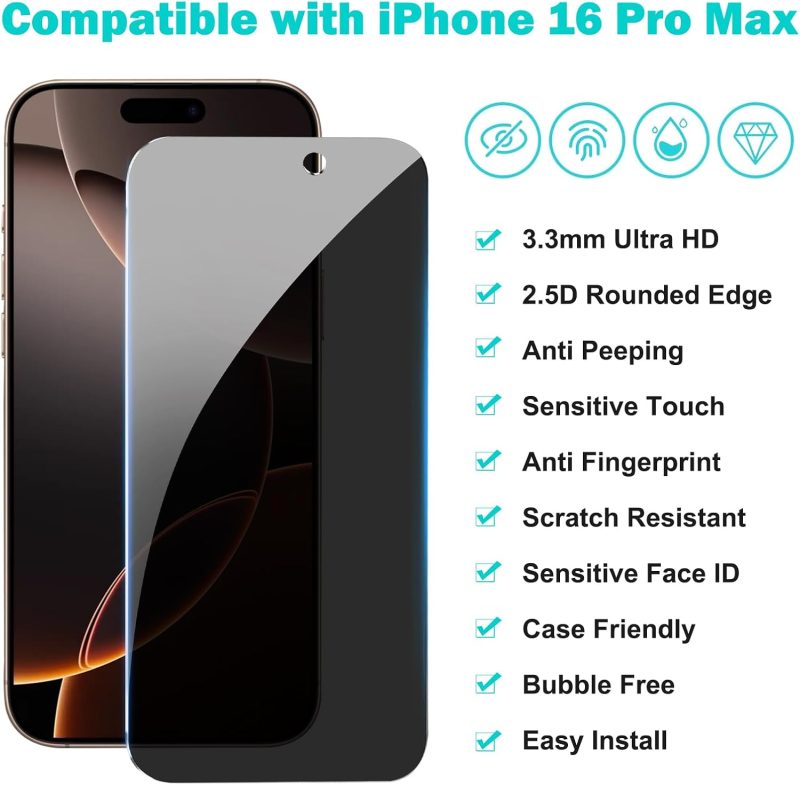 PEHAEL 3+3Pack for iPhone 16 Pro Max Privacy Screen Protector with Camera Lens Protector Full Coverage Anti-Spy Tempered Glass Film 9H Hardness Easy Installation Bubble Free [6.9 inch] - Image 2