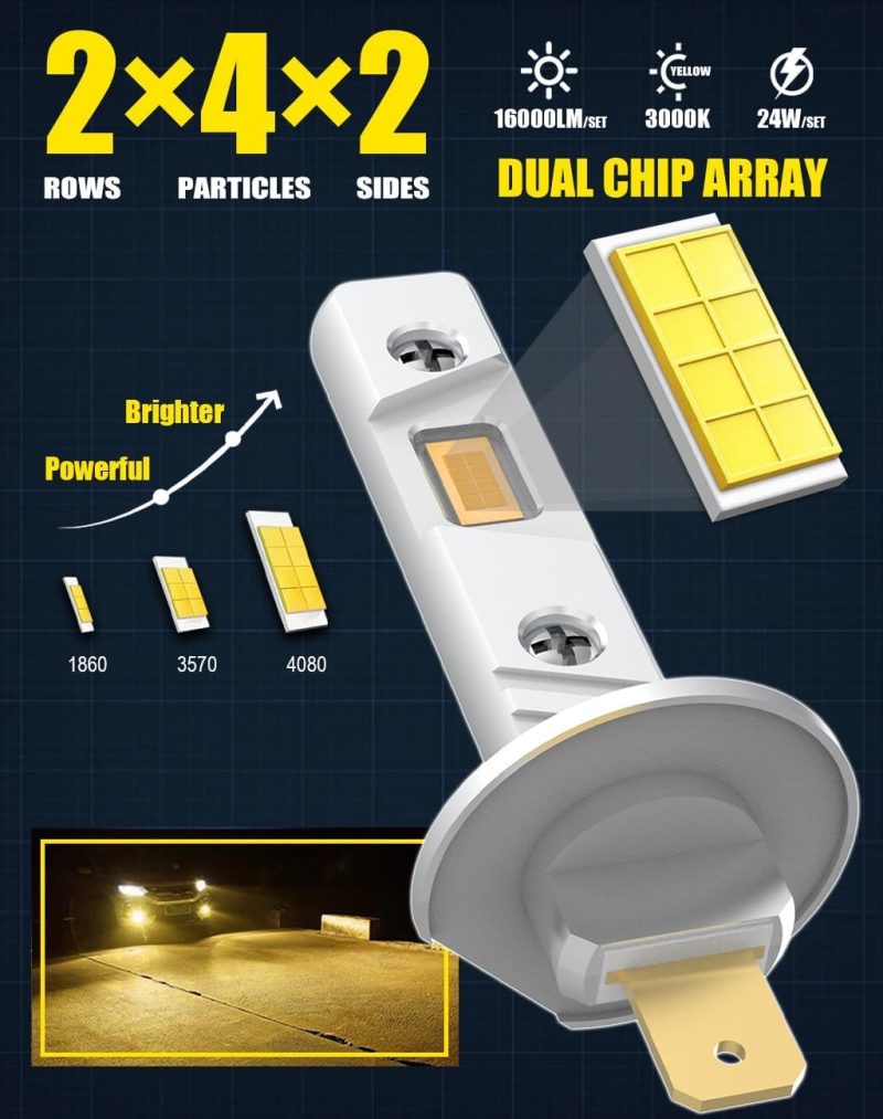 H1 Led Bulb 3000K Yellow Light Fog Lamps 1:1 Mini Size No Adapter Required Emc Fanless H1Ll Plug And Play 2Pcs - Image 2