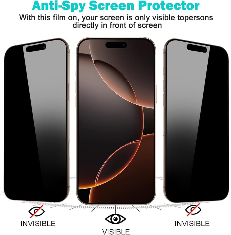PEHAEL 3+3Pack for iPhone 16 Pro Max Privacy Screen Protector with Camera Lens Protector Full Coverage Anti-Spy Tempered Glass Film 9H Hardness Easy Installation Bubble Free [6.9 inch] - Image 4
