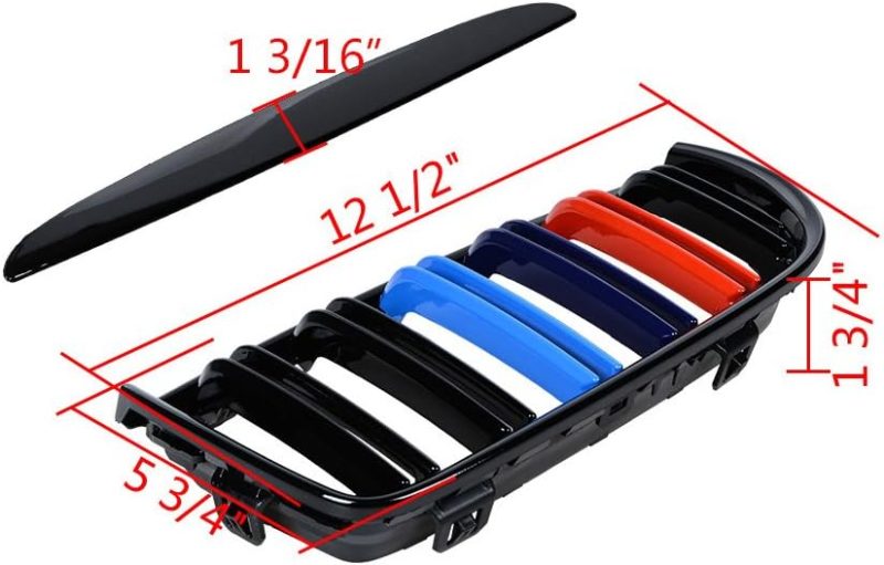 Astradepot Front Glossy Black Double Line M Color Grilles Replacement Grills Bumper + Side Mirror Cover Carbon Fiber For 2005-2008 E90 E91 Pre-Facelift Sedan Wagon Pre-Facelift 4Dr - Image 2