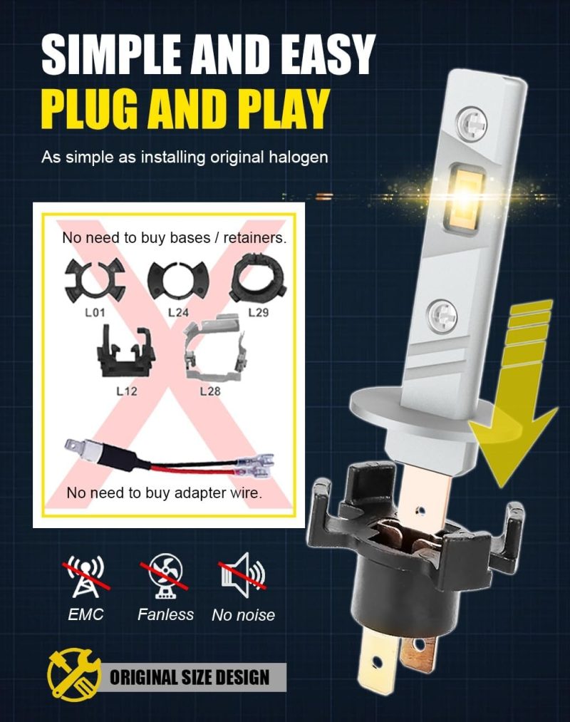H1 Led Bulb 3000K Yellow Light Fog Lamps 1:1 Mini Size No Adapter Required Emc Fanless H1Ll Plug And Play 2Pcs - Image 6