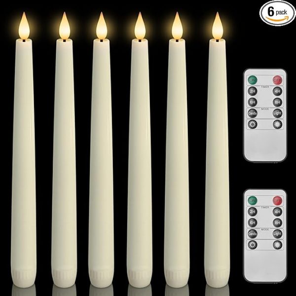 Homemory 6 Pcs Waxy Flameless Taper Candles With Remote, Flickering Battery Operated Candlesticks, Led Fake Candles Tall Candle for Home, Wedding, Party, Ivory, 9.6 Inches