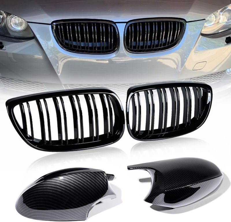 Pair Glossy Black Dual Line Kidney Grille + 2X Carbon Fiber Side Mirror Covers For Bmw 2006 2007 2008 2009 2010 E92 E93 3 Series 328I 328Xi 335I 335Xi 2 Door Oe# 51137157277 - Image 2