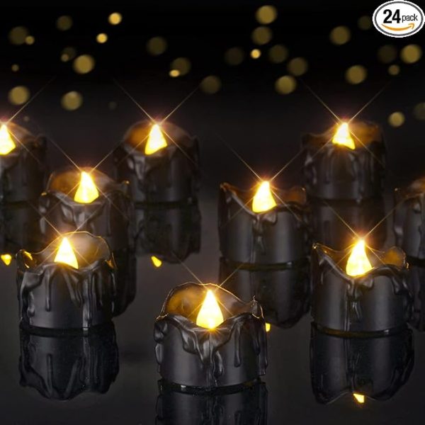 Homemory 24-Pack Halloween Black Dripping Flameless Tea Lights, Battery Operated Flickering Led Candles, Safe for Pumpkins, Party & Holiday Decor, 1.58