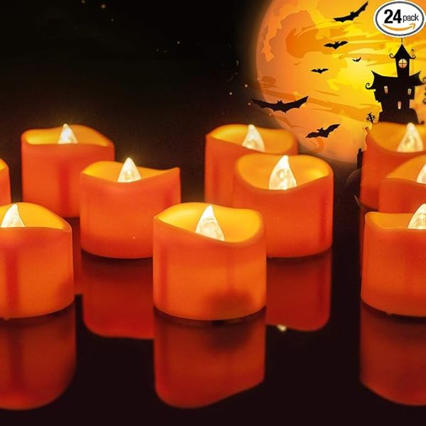 Homemory Halloween 24 Pack Orange Tea Light Candles, Battery Operated Led Tealights, Small Pumpkins Lights, Flameless, Electric Fake Tea Candles for Fall, Diwali Decorations
