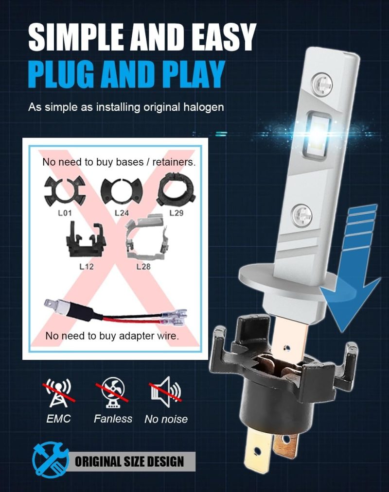 H1 Led Bulb 6500K White Light Fog Lamps 1:1 Mini Size No Adapter Required Emc Fanless H1Ll Plug And Play 2Pcs - Image 4