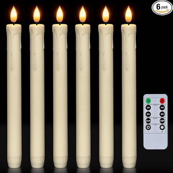 Homemory 6 Pcs Flameless Taper Candles With Remote, Timer, Dimmer, Ivory Battery Operated Candlesticks With Flickering Light, Plastic Led Window Candles, 9.6 Inches for Halloween Christmas Decoration