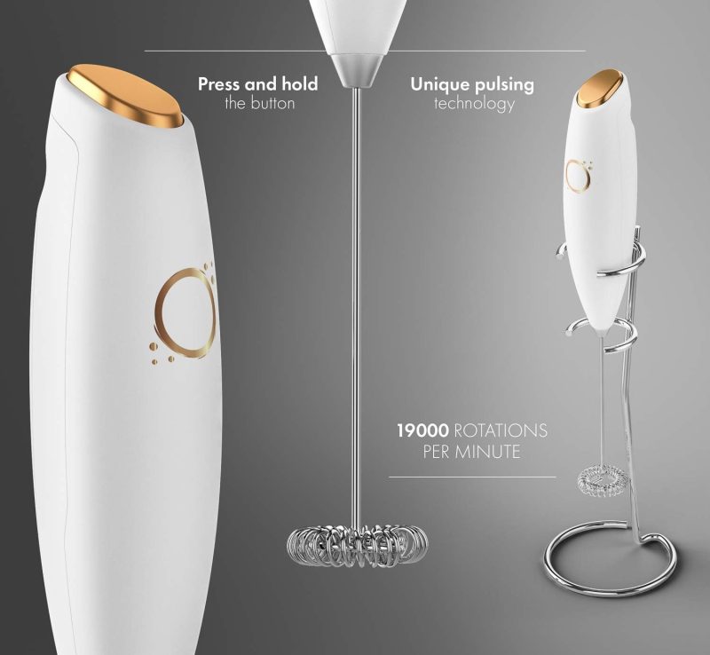 Milk Frother White - Coffee Frother Handheld With Electric Whisk - 19000 Rpm - Book Recipes And Stainless Steel Stand Included - Hand Mixer Electric (White And Gold) - Image 6