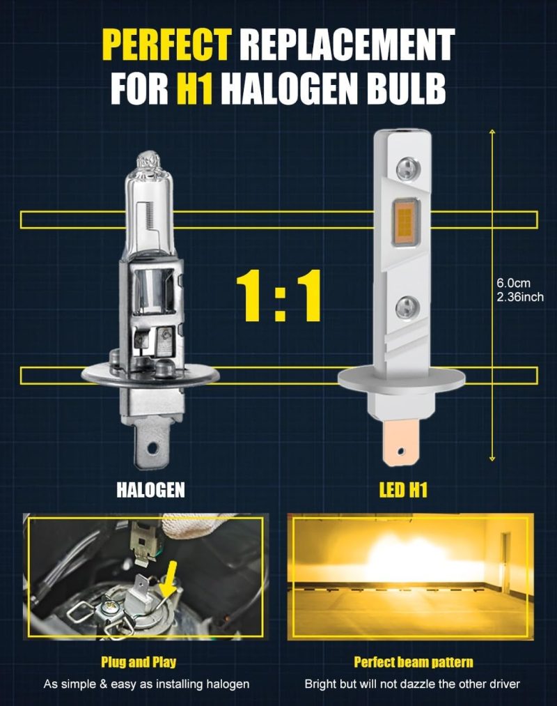 H1 Led Bulb 3000K Yellow Light Fog Lamps 1:1 Mini Size No Adapter Required Emc Fanless H1Ll Plug And Play 2Pcs - Image 5