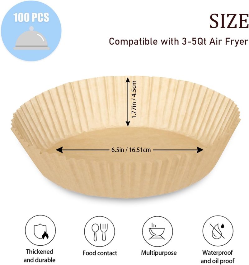 100Pcs Air Fryer Disposable Paper Liners Fit 3-5Qt Non-Stick Air Fryer Parchment Paper Air Frying Roasting Microwave Basket Oil-Proof Resistant Baking Parchment Paper Thick (Round - Image 4