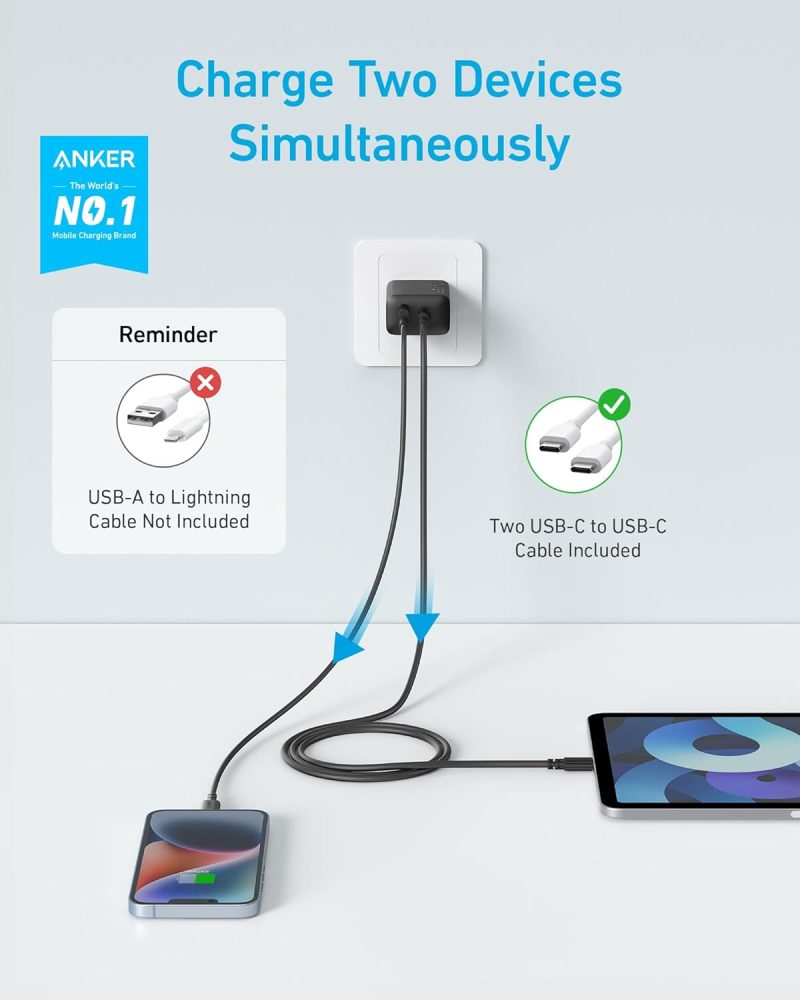 Anker iPhone 17/16 Charger, 2-Pack 20W Fast USB C Charger Block, for iPhone 16/16 Pro Max/15 Series/iPad Pro and More (Black, 2 Pack & 2 Cable) - Image 2