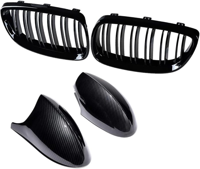 Carbon Fiber Side Mirror Cover Caps & Glossy Black Dual Slat Kidney Grille Grill Kit For Bmw 2006-2010 E92 E93 328I 335I Coupe Convertible 2 Door Oe# 51712155451 - Image 4
