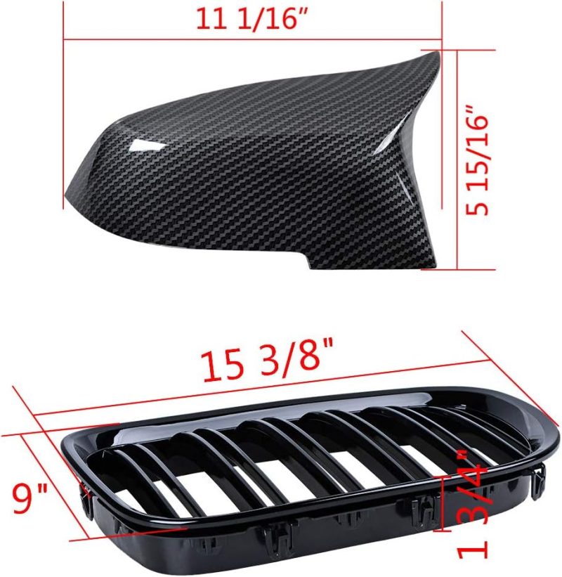 Glossy Black Dual Slats Front Bumper Kidney Grilles+ Carbon Fiber Side Mirror Cover Cap Compatible With 2013 2014 2015 7-Series F01 F02 740Li 740I 750Li 750I 760Li Xdrive Sedan 4-Door - Image 2