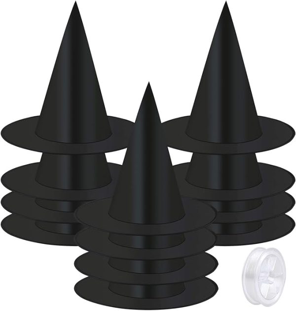 Elcoho 12 Pieces Halloween Costume Witch Hat With 100 Yards Hanging Rope for Halloween Yard Decoration