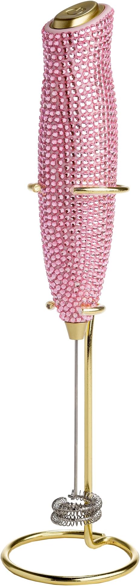 Paris Hilton Electric Rhinestone Handheld Milk Frother With Double Coil Head Whisk And Gold Metal Stand
