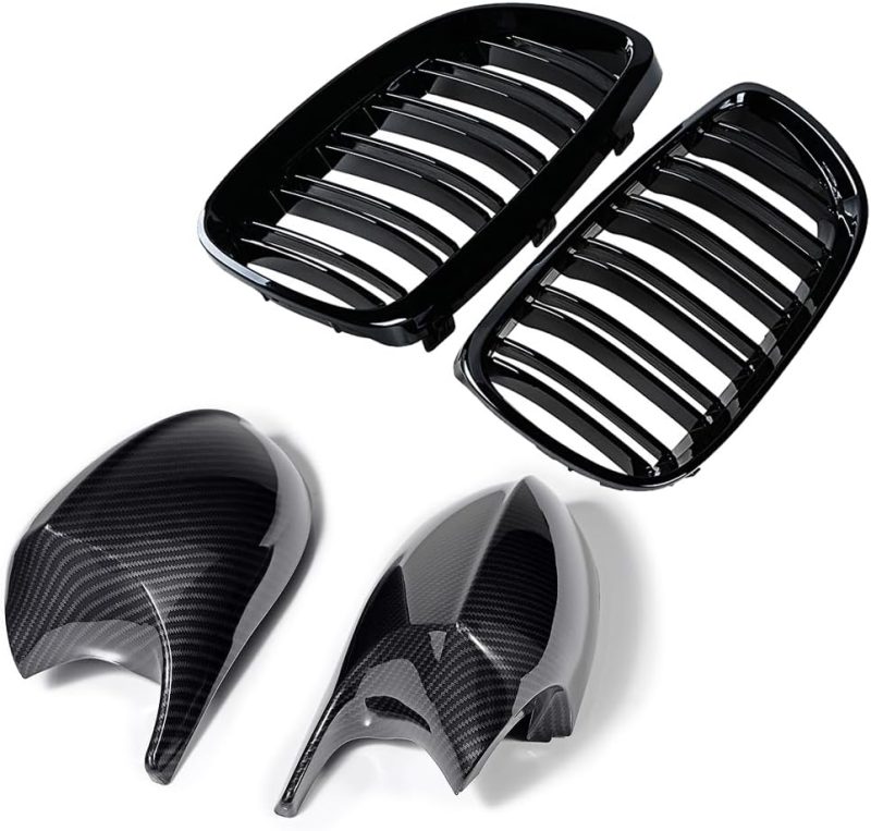 Carbon Fiber Side Mirror Cover Caps & Glossy Black Dual Slat Kidney Grille Grill Kit For Bmw 2006-2010 E92 E93 328I 335I Coupe Convertible 2 Door Oe# 51712155451 - Image 3