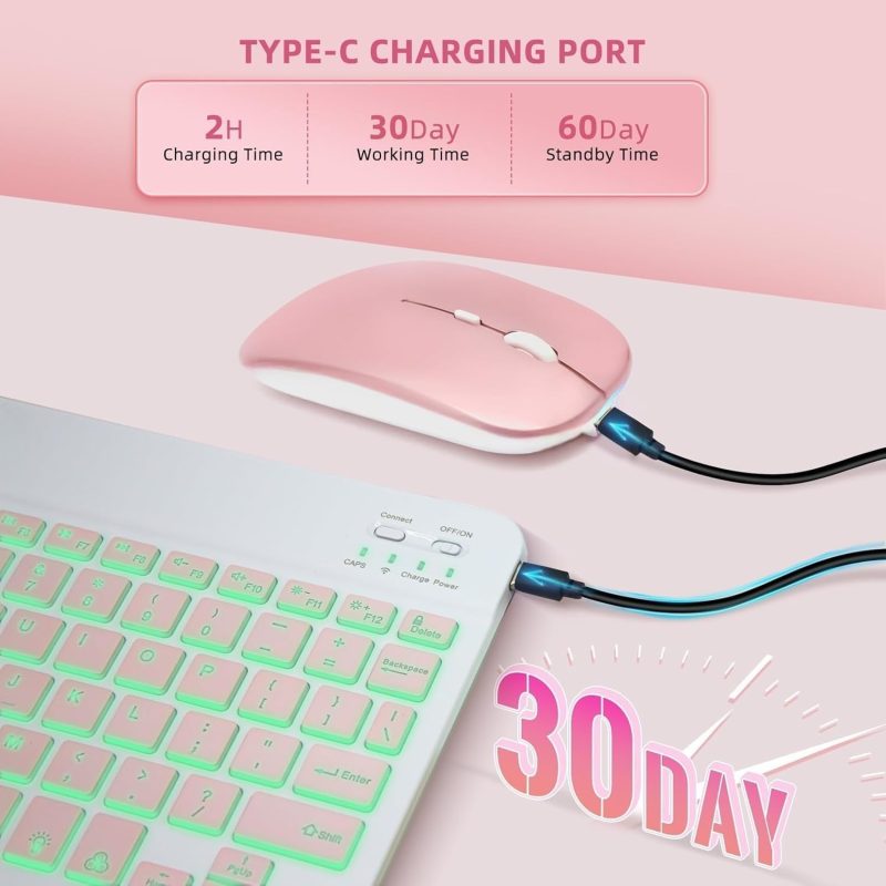 GENERIC Keyboard Case for Samsung Galaxy Tab S6 Lite 10.4 inch - 7 Colors Backlit Keyboard Cover and Mouse (Pink) - Pink - Image 6