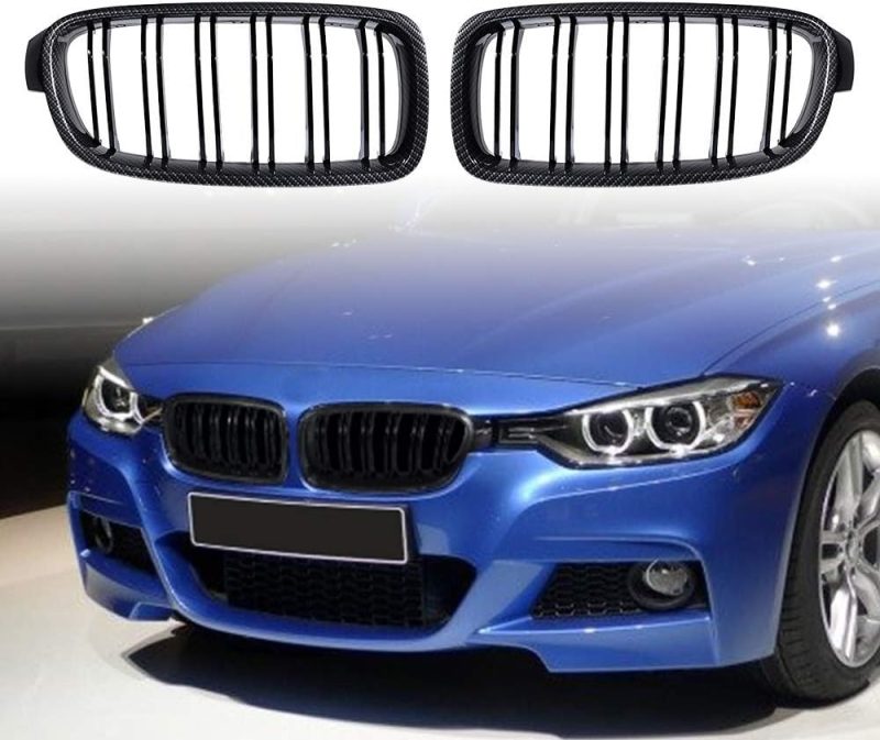 Amopa 2X Wing Rearview Caps Side Mirror Cover + 2X Dual Line Front Bumper Kidney Grille Grill Glossy Black Carbon Fiber Compatible With Bmw F30 3-Series Sedan And F31 3-Series Wagon 2012-2018 - Image 5