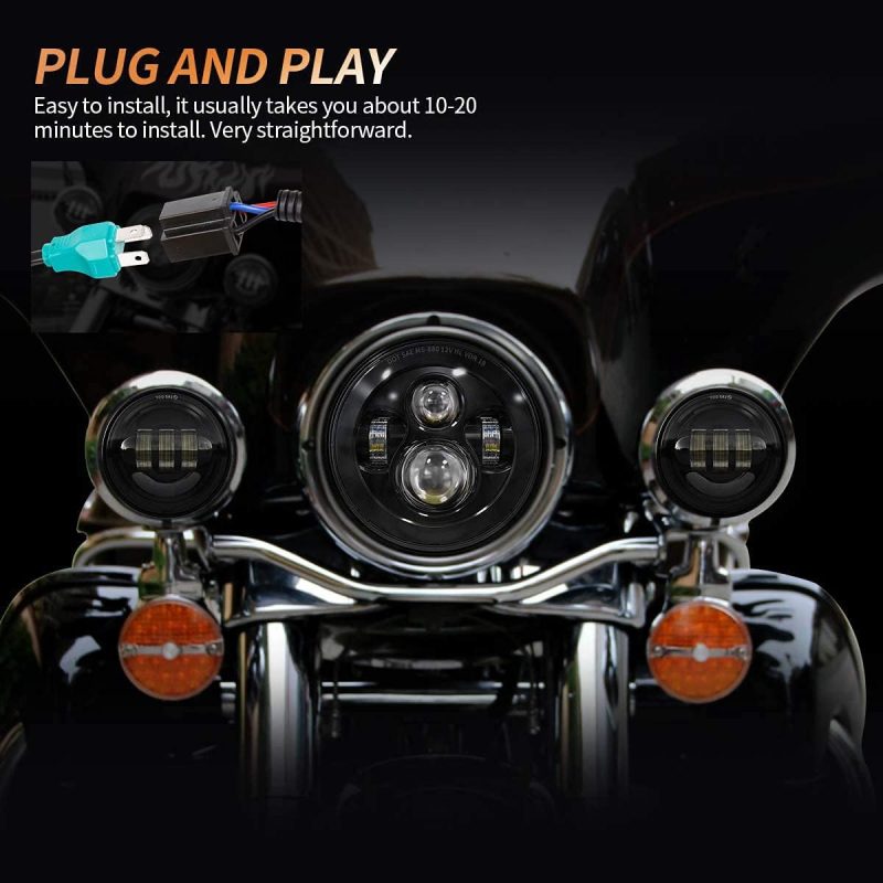 7 Inch Round Led Headlight Bulb Kit With 4.5 Inch Passing Lamps Fog Lights Mounting Ring For Street Glide Ultra Classic Road King Electra Glide Heritage Softail Slim Deluxe Fatboy Tri Cvo (Black) - Image 4