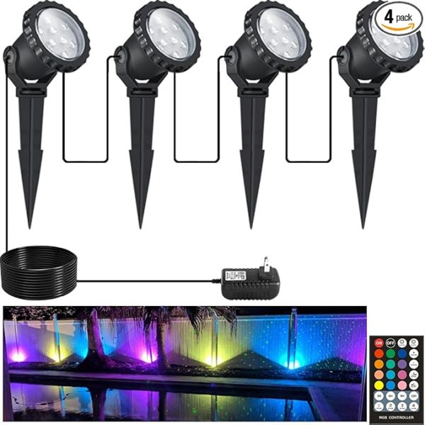 Spotlights Outdoor, 12W 800Lm Rgb Color Changing Landscape Lights With Remote, Ip66 Waterproof Outdoor Lights for Tree Yard House, 46.5Ft Cord, Ul Listed, 4 Pack