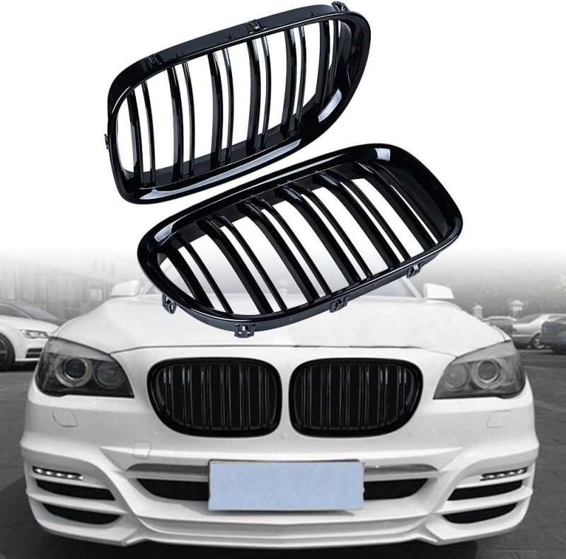 Glossy Black Dual Slats Front Bumper Kidney Grilles+ Carbon Fiber Side Mirror Cover Cap Compatible With 2013 2014 2015 7-Series F01 F02 740Li 740I 750Li 750I 760Li Xdrive Sedan 4-Door - Image 5
