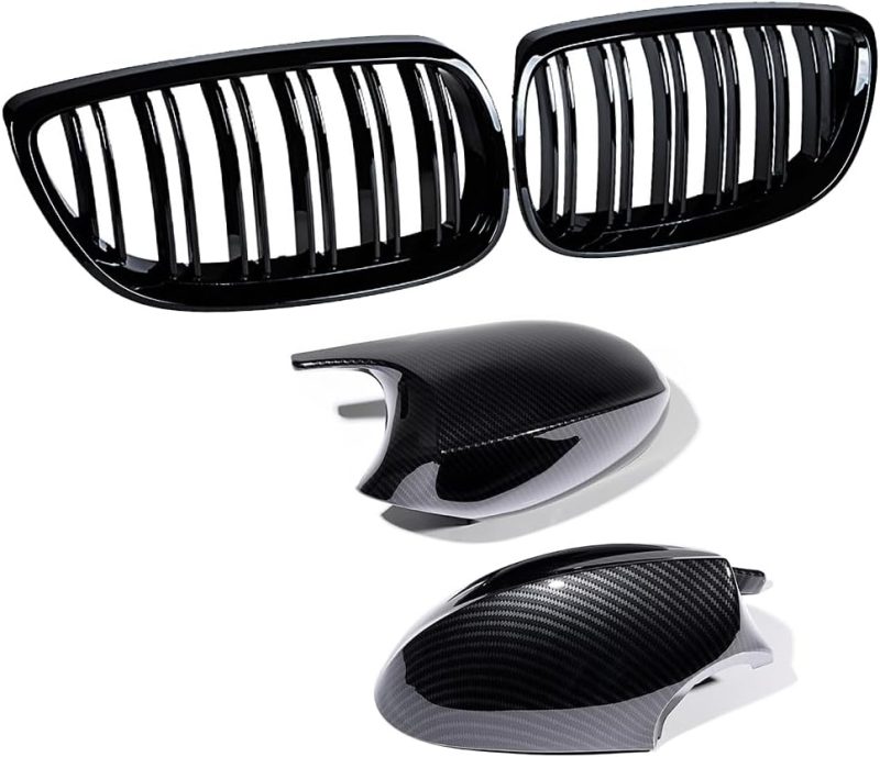 Carbon Fiber Side Mirror Cover Caps & Glossy Black Dual Slat Kidney Grille Grill Kit For Bmw 2006-2010 E92 E93 328I 335I Coupe Convertible 2 Door Oe# 51712155451 - Image 5