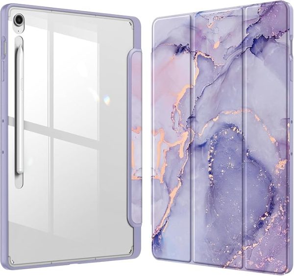 S10 Fintie Hybrid Slim Case for Samsung Galaxy Tab S10 FE Plus 13.1 Inch 2025 Model (SM-X620/X626) with S Pen Holder Shockproof Cover with Clear Transparent Back Shell Auto Wake/Sleep Lilac Marble