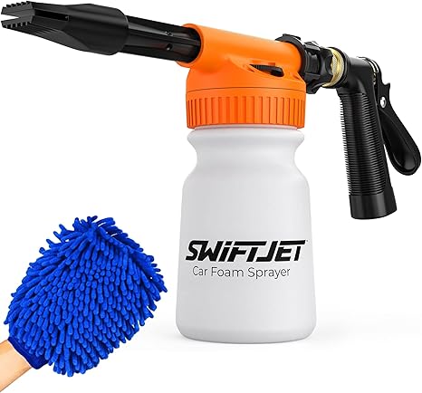 Swiftjet Car Wash Foam Gun + Microfiber Wash Mitt - Foam Cannon Works With Any Soap - Garden Hose Car Foam Sprayer - Car Wash Kit - Car Accessories Foam Blaster (Orange Foam Gun With Mitt)