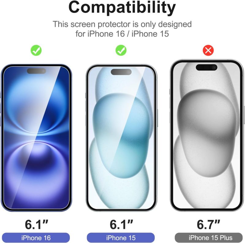 DESIGNED NEW'C 3 Pack Designed for iPhone 16 iPhone 15 Screen Protector Tempered... - Image 2