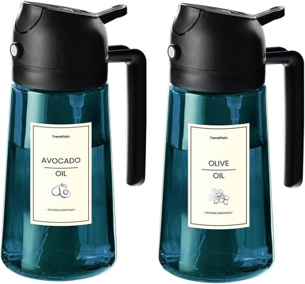 Trendplain 16Oz/470Ml Blue Glass Olive Oil Sprayer For Cooking - 2 In 1 Olive Oil Dispenser For Kitchen Gadgets