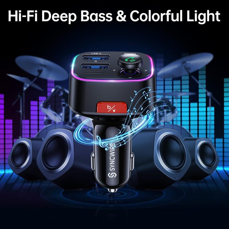 Syncwire Bluetooth 5.4 Fm Transmitter Car Adapter 48W (Pd 36W & 12W) [Light Switch] [Hifi Bass Sound] [Fast Charging] Wireless Radio Music Adapter Led Display Hands-Free Calling Support Usb Drive - Image 4