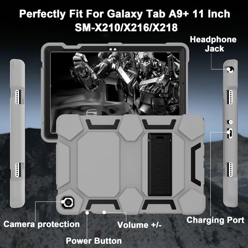 CCMAO Case for Samsung Galaxy Tab A9+ 11”(SM-X210/X216/X218) Heavy Duty Shockproof Hard Hybrid Three Layer Protective Cover with Kickstand for Galaxy Tablet A9 Plus 2023 for Kids Gray+Black - Image 4