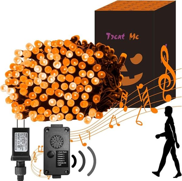 Peiduo Halloween Lights, 82 Ft 200 Led Orange String Lights, Motion Sensor Halloween Decorations, Twinkle Fairy Lights With Spooky Music for Outdoor Decor, Party Yard Indoor Outside Decoration