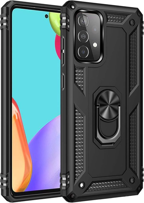 Dionsibei Military Grade Drop Impact for Samsung Galaxy A52 5G Case 360 Metal Rotating Ring Kickstand Holder Armor Heavy Duty Shockproof Cover for Galaxy A52 5G/4G Phone Case (Black)