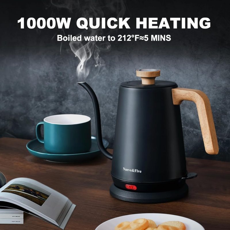 Nueve&Five Gooseneck Electric Kettle With Thermometer， Black Electric Kettle 1L With Auto Shut-Off，1000W Hot Water Kettle Of Stainless Steel， Pour Over Kettle For Coffee & Tea - Image 4