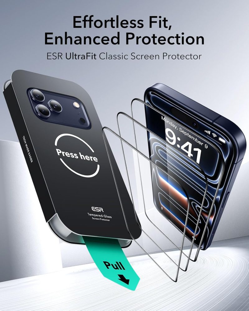 ESR 3 Pack for iPhone 17 Pro Max Screen Protector, Military-Grade Shatterproof, 9H Hardness, Full Coverage Tempered Glass with Ultra Fit Tray - Image 2