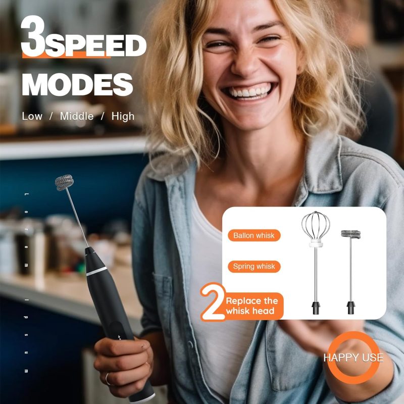 Milk Frother Rechargeable Handheld Electric Whisk Coffee Frother Mixer With 2 Stainless Whisks 3 Speed Adjustable Foam Maker Blender For Coffee Matcha Latte Cappuccino Hot Chocolate（Black） - Image 2