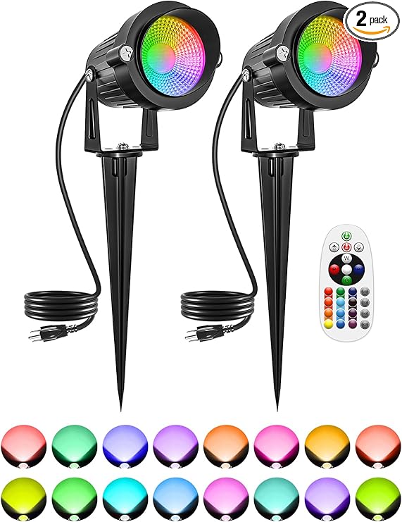 Halloween Rgbw Outdoor Spotlights for Yard, 10W Color Changing Landscape Lights With Remote Control 120V Led Landscape Lighting Waterproof Spotlight With Plug Tree Garden Path Decoration(2Pack)