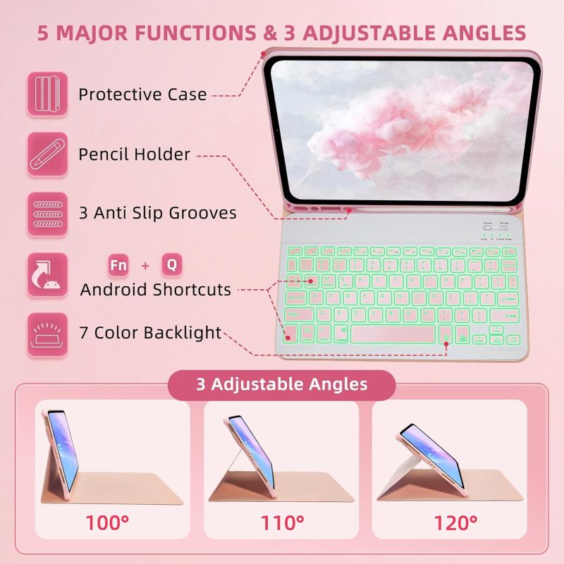 GENERIC Keyboard Case for Samsung Galaxy Tab S6 Lite 10.4 inch - 7 Colors Backlit Keyboard Cover and Mouse (Pink) - Pink - Image 3