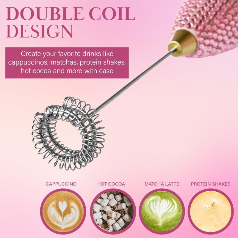 Paris Hilton Electric Rhinestone Handheld Milk Frother With Double Coil Head Whisk And Gold Metal Stand - Image 2