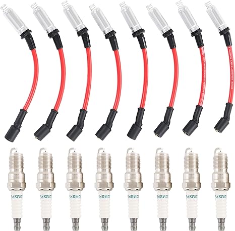 Iridium Spark Plugs 3186 & Spark Plug Wires M8-48322 Replacement For Chevy Silverado Suburban Avalanche Replacement For Gmc Yukon Sierra 5.3L 6.0L 6.2L Replace 12680072 12621258 7831 483227831 Red