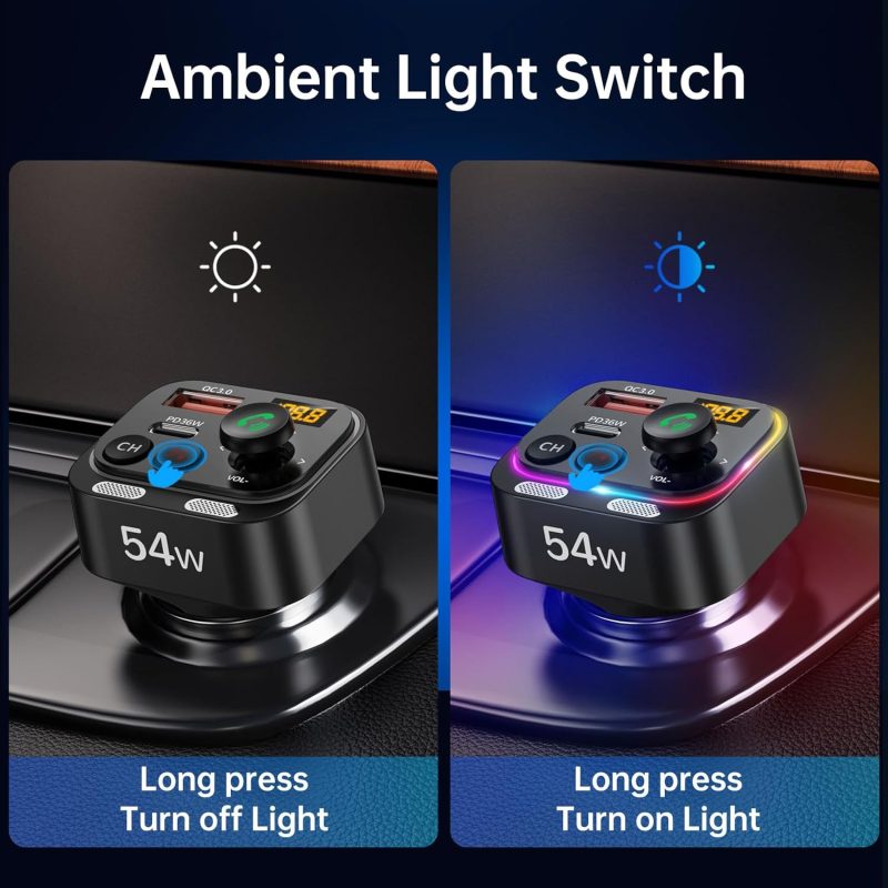 Syncwire Bluetooth 5.4 Fm Transmitter Car Adapter 54W (Pd 36W & 18W) [Stronger Dual Mics] [Light Switch] [Hifi Bass Sound] [Fast Charging] Wireless Radio Receiver Hands-Free Calling Led Display - Image 5
