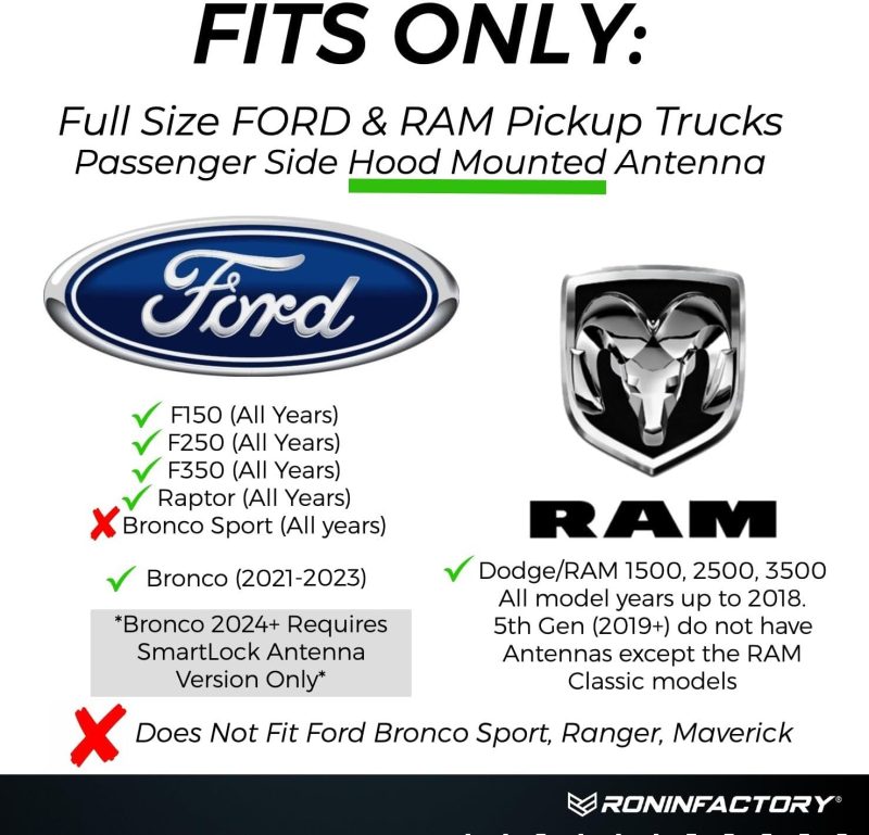 Ronin Factory 50 Cal Bullet Antenna - Ford F150 F250 F350 Super Duty Raptor (Bronco 21-23) Truck Accessory - Ram 1500 Short Antenna Replacement - Image 3